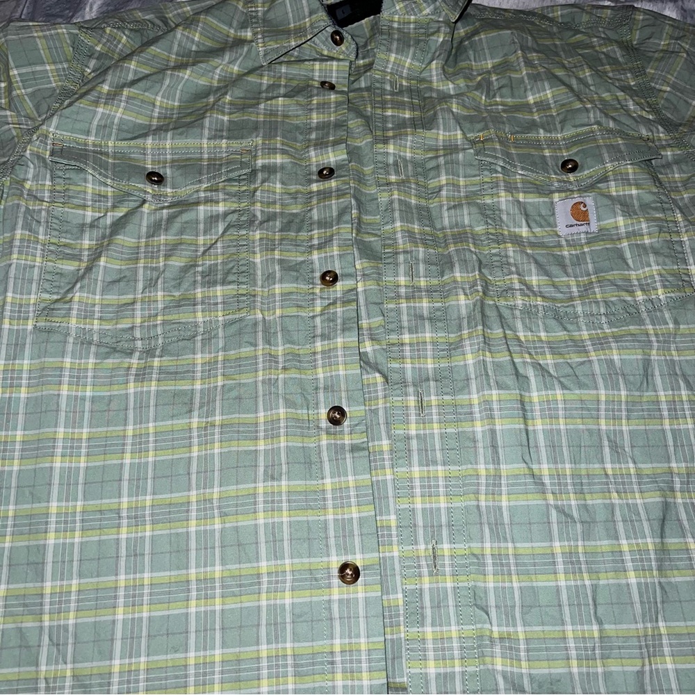 Carhartt Rugged Flex Olive Plaid Short Sleeve Button-Up Shirt - Picture 7 of 11